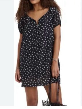 Alex Mill 100% Silk Floral Print Mini Dress Women's Size Large Black White Lined